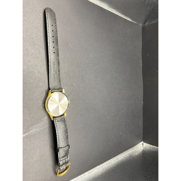 TIME Men's Quartz Wristwatch Gold Tone Stainless Steel Case Black Leather Band - Picture 2 of 9